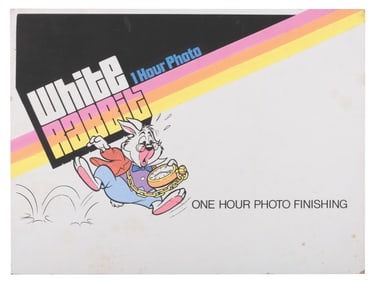 A Hand-Painted White Rabbit 1-Hour Photo Sign.