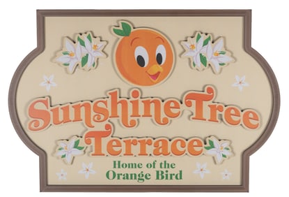 A Sunshine Tree Terrace Orange Bird Souvenir Sign.