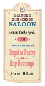 A Diamond Horseshoe Breakfast Menu Board.