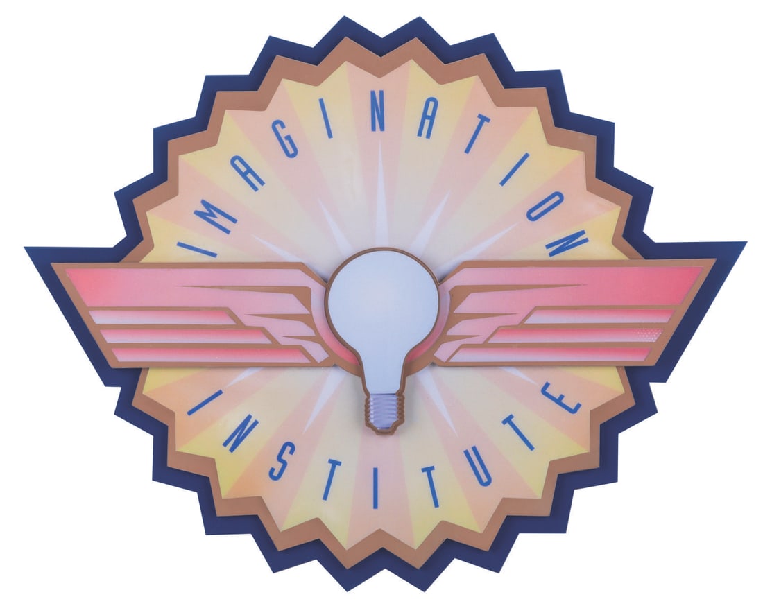 An Imagination Institute Sign.: (Epcot, 2002) An original sign from Epcot's Journey into Imagination with Figment. The sign is for the fictional Imagination Institute, which Guests visit during the attraction. Measuring 20" x 16", t
