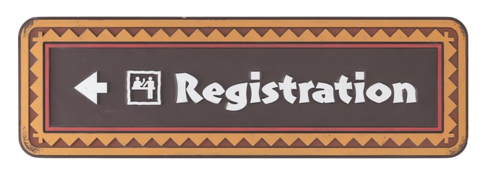 A Polynesian Village Resort Hotel Registration Sign.