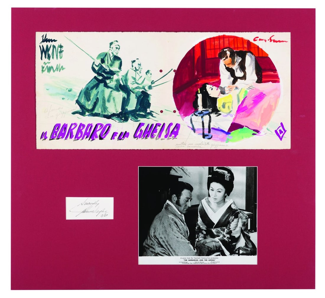 John Wayne Signature Display with "Barbarian & the Geisha" Art & Photo.: (20th Century Fox, 1958) A custom-matted display with original artwork for an Italian "The Barbarian and the Geisha" poster, a publicity photo from the film, and a John Wayne signature dated "8/69."