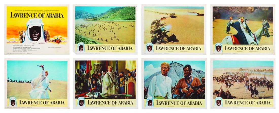 A Set of "Lawrence of Arabia" Lobby Cards.: (Columbia, 1962) A set of eight lobby cards for the release of David Lean's "Lawrence of Arabia." Measuring 11" x 14" each, the lobby cards are in good condition with pinholes from display,