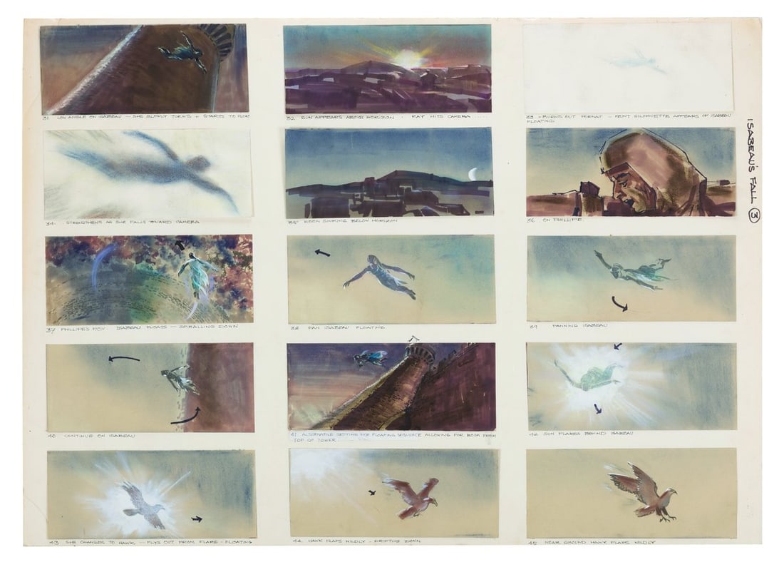 A "Ladyhawke" Original Storyboard Sequence.: (Warner Bros., 1985) A collection of 15 original storyboard panels for a sequence in the Matthew Broderick and Michelle Pfeiffer fantasy film "Ladyhawke." The art depicts Pfeiffer's character Isabeau