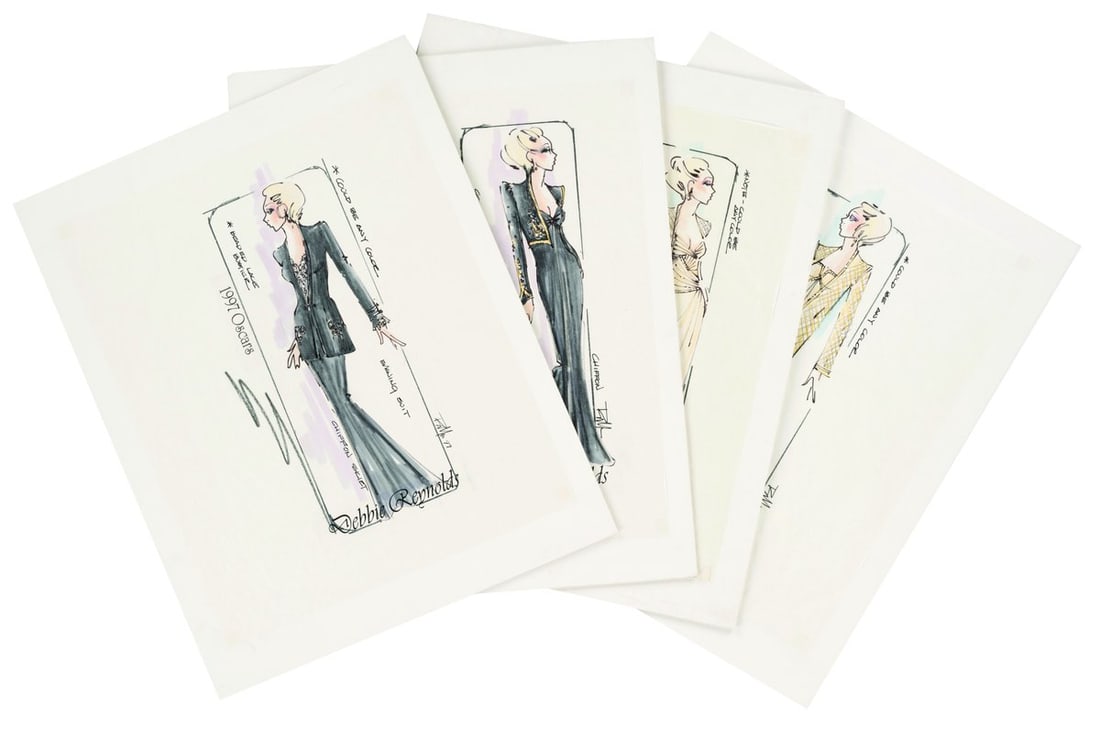 A Collection of Debbie Reynolds Oscars Costume Sketches.: (Rex Turner, 1997) A collection of four costume designs for Debbie Reynolds for the 1997 Academy Awards. At the 69th Academy Awards, Reynolds made an appearance as a presenter, alongside her daughter