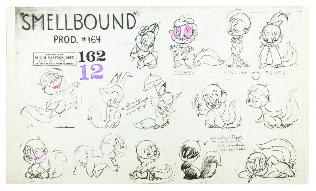 A "Little 'Tinker" Photostat Model Sheet.: (MGM, 1948) An original photostat model sheet of B.O. Skunk, used during production of the Tex Avery-directed short “Little 'Tinker.” The model sheet features B.O. as Bing Crosby, Frank Sinatr