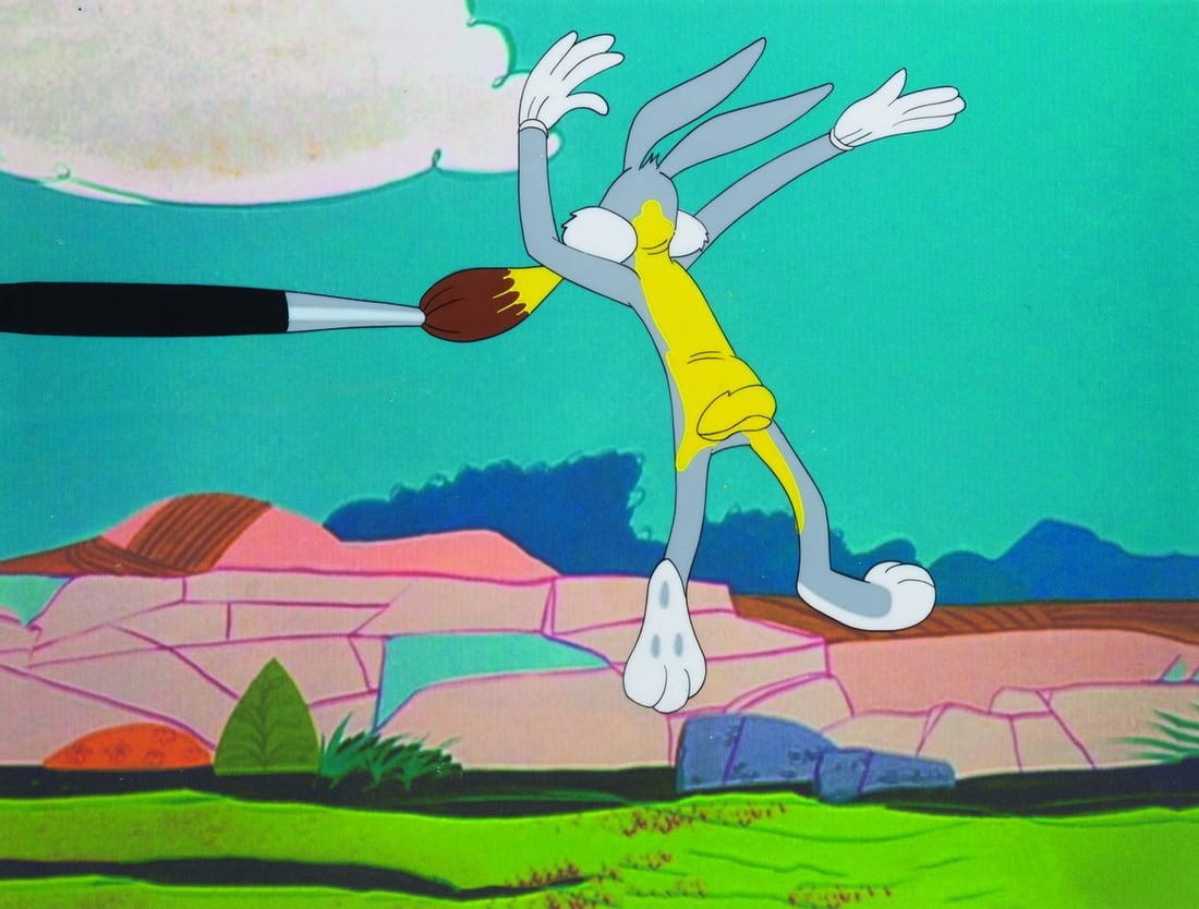 A “Rabbit Rampage" Original Production Cel.: (Warner Bros., 1955) An original production cel of Bugs Bunny from the short “Rabbit Rampage,” with a color copy background. Bugs has an image size of 6.75" x 9.5" on a 10.5" x 12.5" cel. The