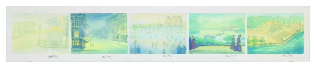 “An American Tail" End Credits Background Concept.: (Bluth, 1986) A five-panel background color key concept for the end credits of the Don Bluth Studios film “An American Tail.” Color keys are preliminary paintings created to establish the