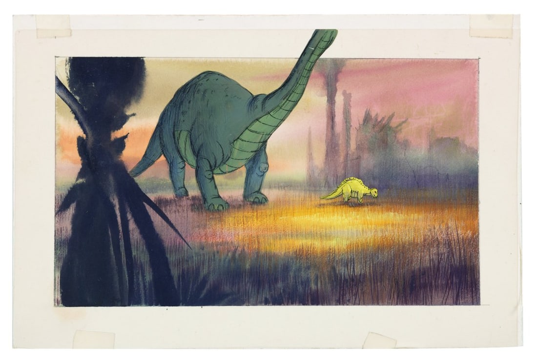 A “The Land Before Time" Color Key Concept.: (Bluth, 1988) A color key concept featuring Littlefoot and Mama Longneck from the Don Bluth Studios film “The Land Before Time.” Color keys are preliminary paintings created to establish the c