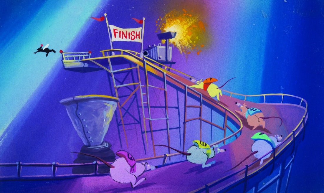 An “All Dogs Go to Heaven" Color Key Concept Painting.: (Bluth, 1989) A color key concept painting of the rat race from the Don Bluth Studios film “All Dogs Go to Heaven.” Color keys are preliminary paintings created to establish the color palette,