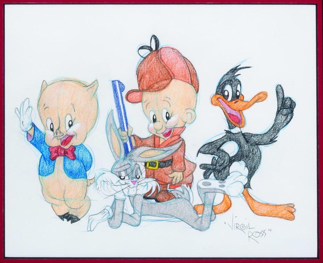 A Virgil Ross Signed Porky, Elmer, Bugs, and Daffy Drawing.: (Ross, 1990s) An original drawing of Bugs Bunny, Daffy Duck, Elmer Fudd, and Porky Pig signed by Virgil Ross. In the 1990s, Ross drew recreations of some of the most famous scenes he animated. With an