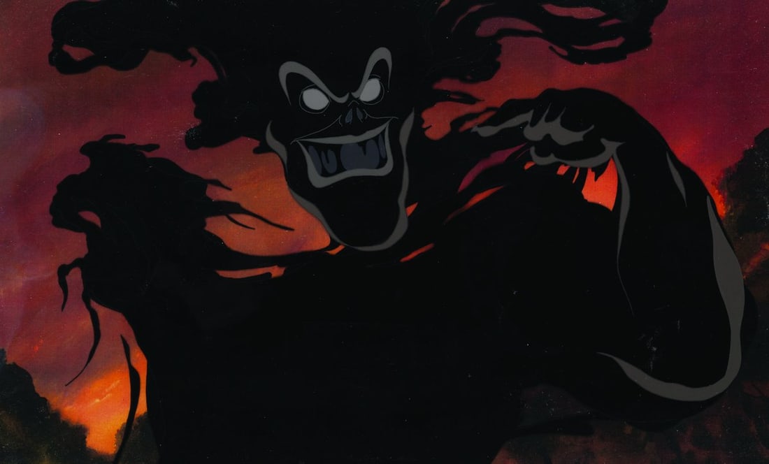 A "FernGully: The Last Rainforest" Original Production Cel.: (20th Century Fox, 1992) An original multi-layer production cel from "FernGully: The Last Rainforest" of the villain Hexxus, voiced by Tim Curry. Hexxus has an image size of 9.25" x 13.75" in a 9.25"