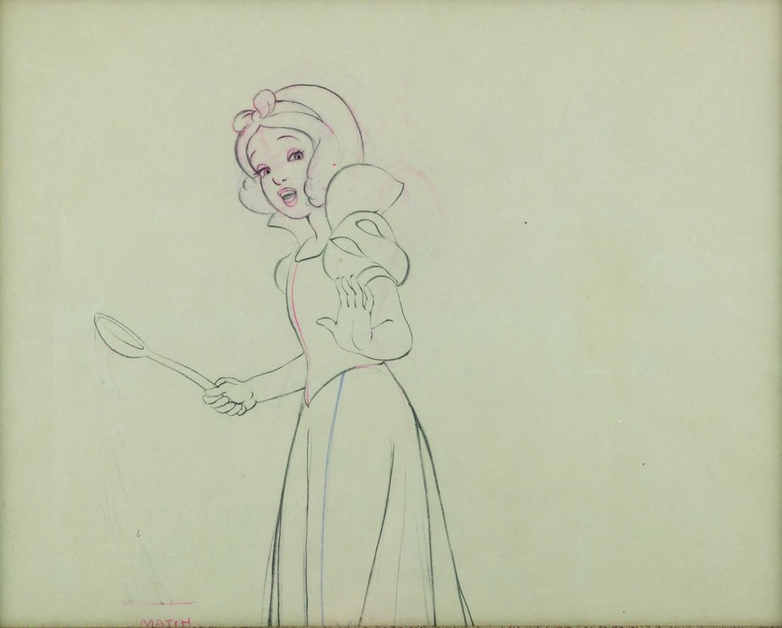 A “Snow White and the Seven Dwarfs?? Production Drawing: (Disney, 1937) A framed original production drawing of Snow White from "Snow White and the Seven Dwarfs." Snow White has a character image size of 4.25" x 6.25" in a 7.25" x 9.25" visible window. The