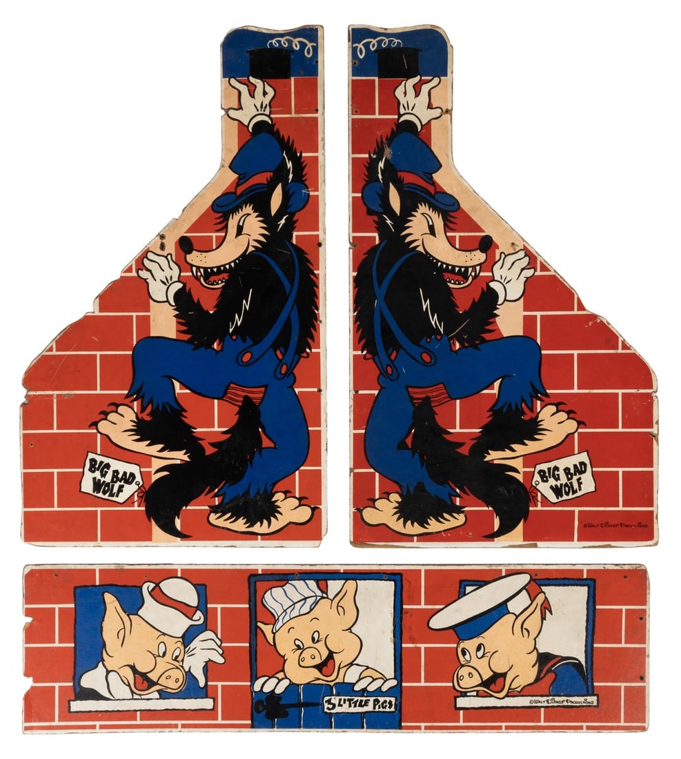 "Three Little Pigs" Children's Toy Box Panels.: (Disney, 1950s-60s) A front panel and two Big Bad Wolf side panels from a "Three Little Pigs" children's toy box. Ranging in size from 9.75" x 36" to 17.75" x 30", the three mixed-media pieces display