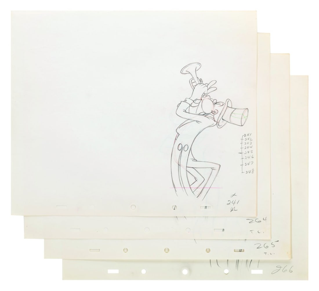 A Set of "Mother Goose Goes Hollywood" Production Drawings.: (Disney, 1938) A collection of four production drawings from the Silly Symphony short "Mother Goose Goes Hollywood." With image sizes ranging from 3.25" x 5.5" to 3.5" x 6.5" on 10" x 12" animation pa