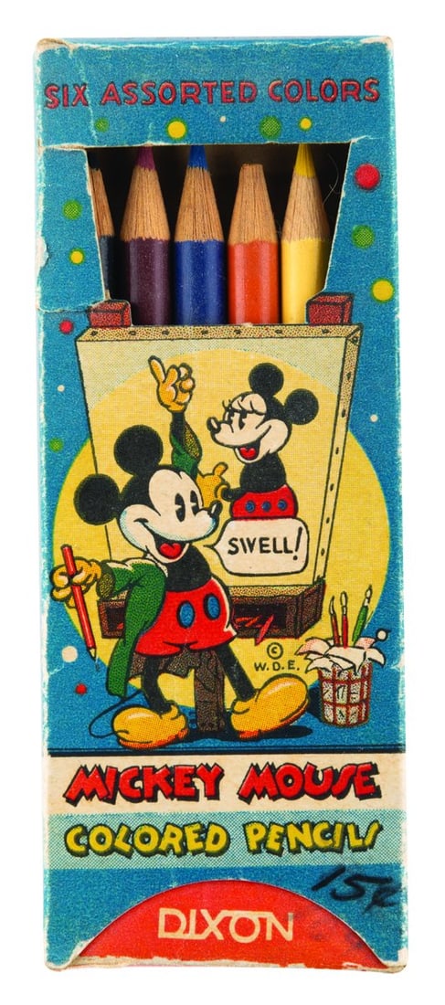 A Set of Dixon Mickey Mouse Colored Pencils.: (Dixon, 1930s) A Mickey Mouse Colored Pencils set in the original box with six sharpened pencils in assorted colors. Measuring 2" x 5", the set displays in good condition with a pricing inscription at