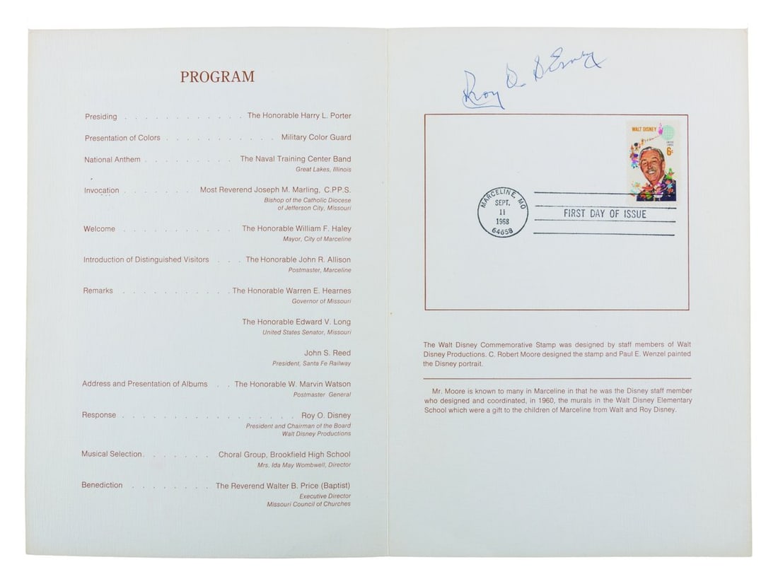 A Walt Disney Stamp 1st Day of Issue Program Signed by Roy O. Disney.: (Disney 1968) A First Day of Issue Ceremony program for the Walt Disney United States Postal Service stamp, signed by Roy O. Disney. Measuring 6.5" x 9.5", the signed program displays in very good con