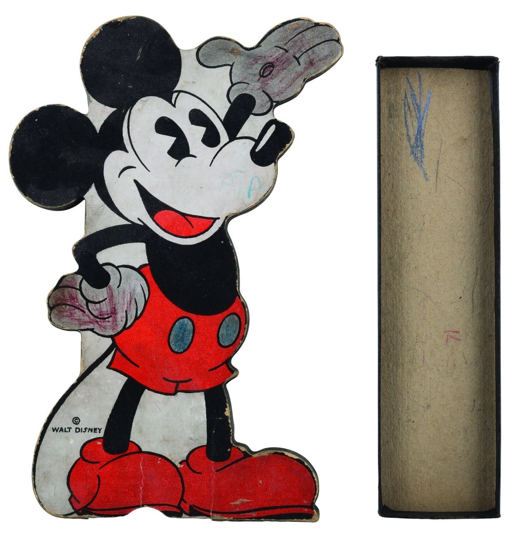 A Die-Cut Mickey Mouse Figural Pencil Case.: (Dixon, 1930s) A die-cut figural Mickey Mouse pencil case No. 2760, manufactured by Dixon. Measuring 8.5" x 5.5" x 0.5", the pencil case is in fair condition with heavy crayon and ink drawings, crease
