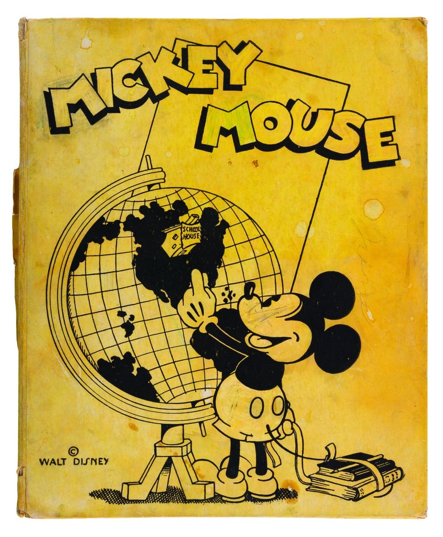 A Rare Early Mickey Mouse Binder.: (Disney, 1930s) A rare early Mickey Mouse two-ring binder featuring Mickey and Minnie walking by a fence that reads "Minnie is My Girl" and "I Love Minnie." The interior includes space for the owner's
