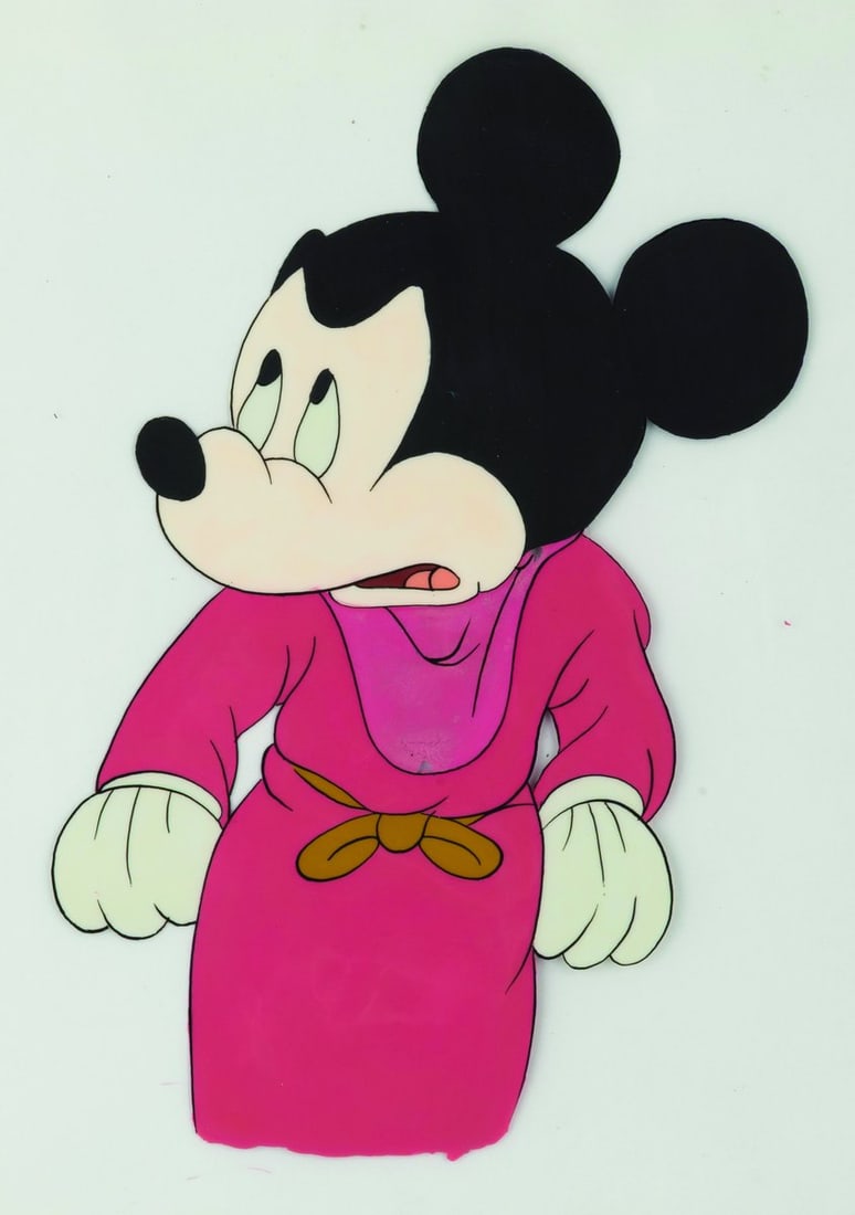 A "Fantasia" Sorcerer Mickey Model Cel.: (Disney, 1940) An original model cel of Mickey Mouse from the “Sorcerer’s Apprentice” sequence of “Fantasia.” Mickey has an image size of 4.75” x 7” on a 9.25” x 9.