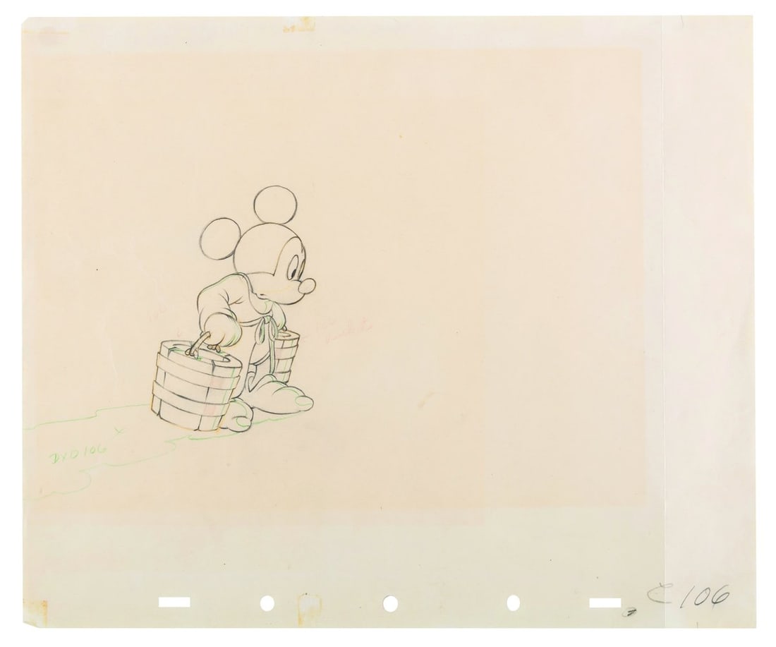 A "Fantasia" Sorcerer Mickey Production Drawing.: (Disney, 1940) An original production drawing of Mickey Mouse from The Sorcerer's Apprentice sequence of "Fantasia." Mickey has an image size of 2.75” x 4” on 10" x 12" animation paper. Th