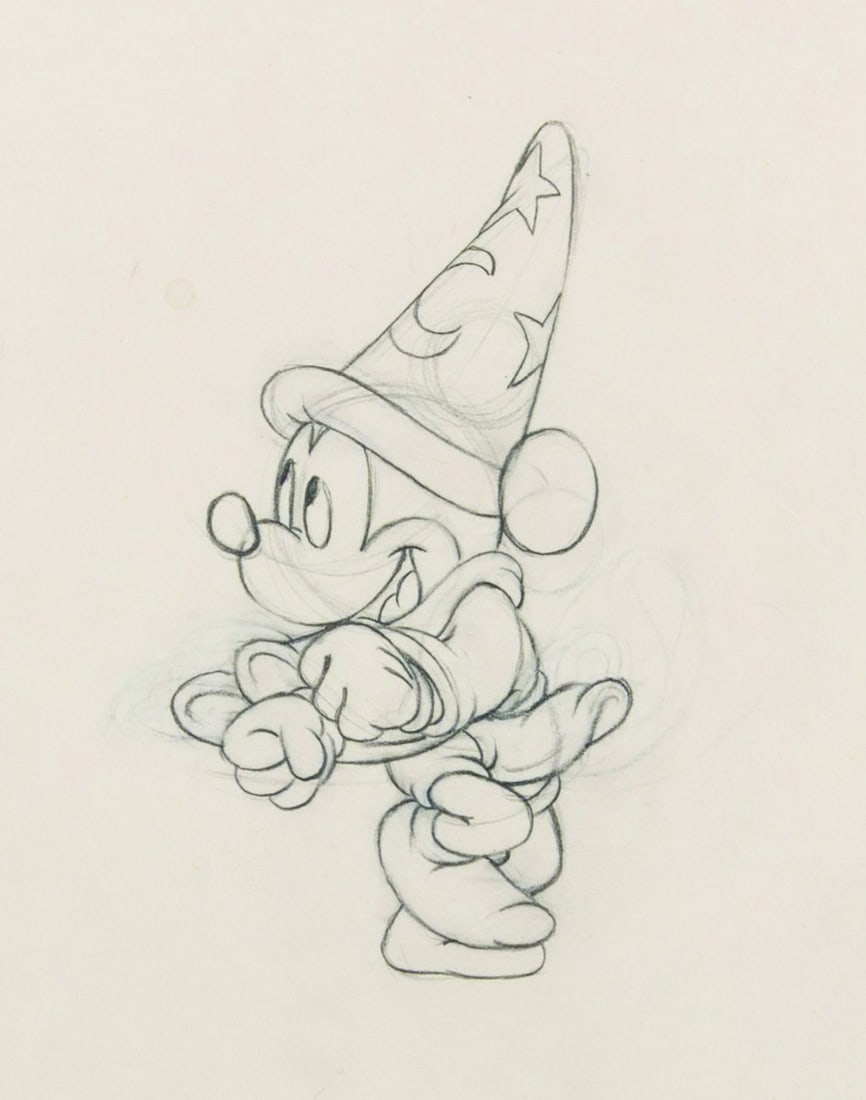 A "Fantasia" Sorcerer Mickey Production Drawing.: (Disney, 1940) An original production drawing of Mickey Mouse from the "Sorcerer's Apprentice" sequence of "Fantasia." Mickey has an image size of 2” x 4” on 12.5” x 15.5” anim