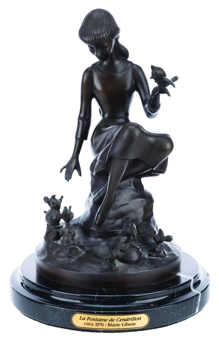 A Cinderella Fountain Bronze Statue.: (Disney, 1989) A rare Cinderella statue titled "La Fontaine de Cendrillon." The piece recreates Disney Legend Blaine Gibson's larger statue from the Magic Kingdom, displayed at the Cinderella Fountain