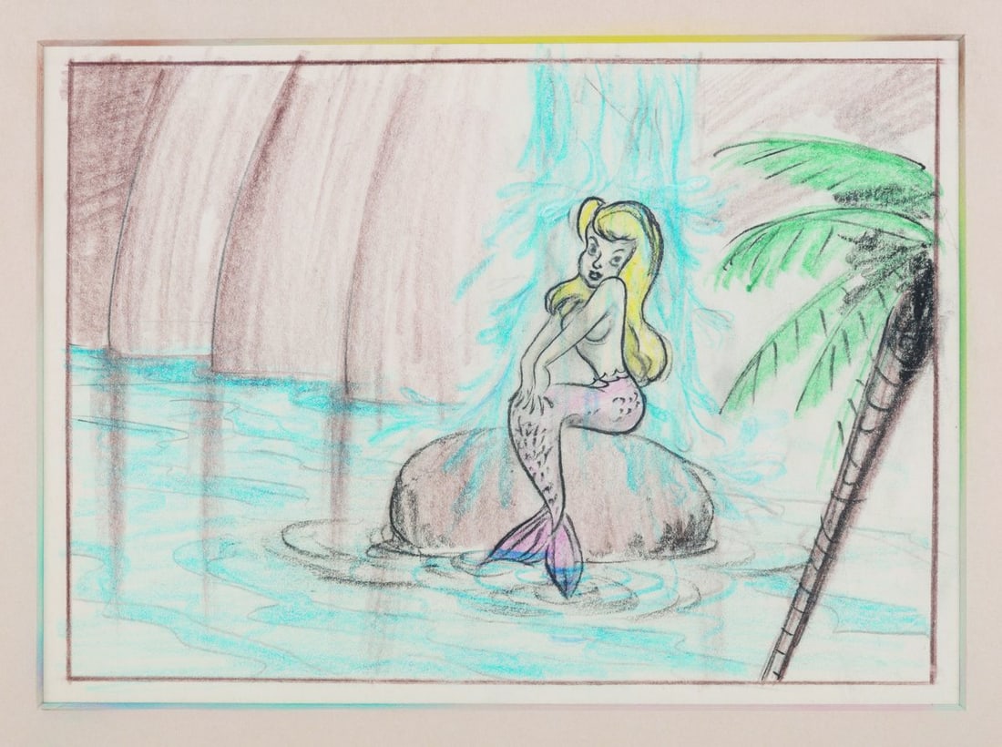 A "Peter Pan" Original Storyboard Drawing.: (Disney, 1953) An early "Peter Pan" storyboard panel of a beautiful Never Land mermaid sitting on a rock under a waterfall. The mermaid has an image size of 5.25" x 7.5" in a 5.75" x 7.75" visible win
