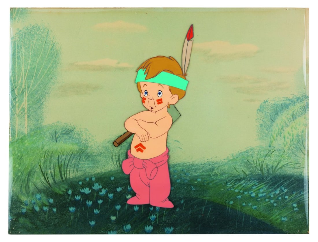 A "Peter Pan" Original Production Cel.: (Disney, 1953) An original production cel of Michael Darling as an Indian brave from the animated feature "Peter Pan." This hand-painted cel was originally sold at the Art Corner in Disneyland. Michae