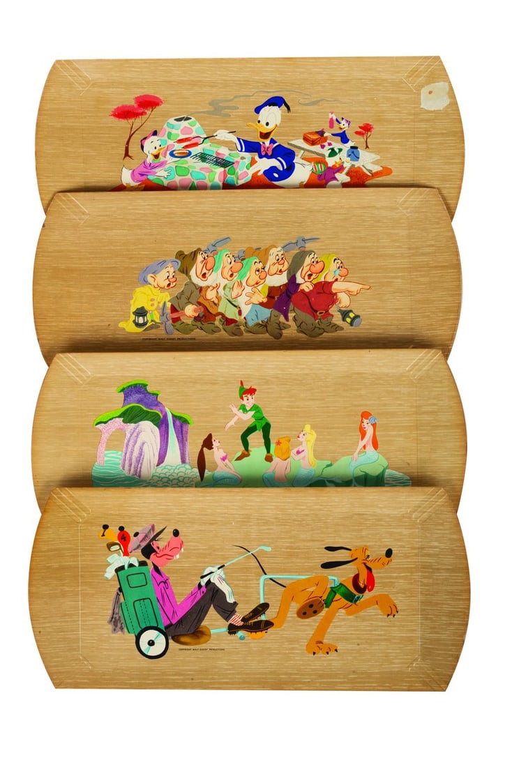 A Set of Disney-Themed Hasko Trays.: (Hasko Trays Inc., 1950s) A set of four Disney-themed trays by Hasko Trays Inc. Included are trays featuring "Peter Pan," "Snow White and the Seven Dwarfs," Goofy and Pluto, and Donald and his nephews