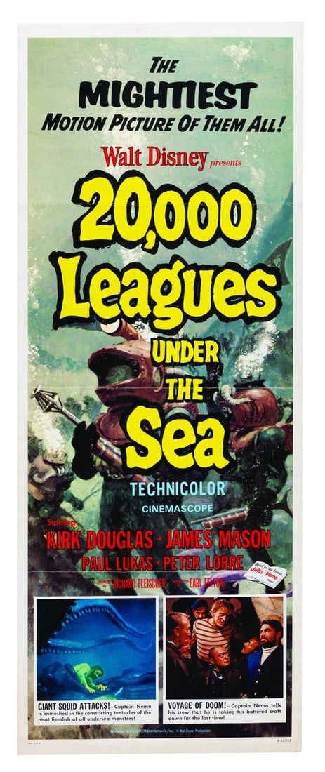 A “20,000 Leagues Under the Sea?? Re-Release Insert Poster.: (Disney, 1963) An insert poster for the 1963 re-release of “20,000 Leagues Under the Sea.” Measuring 14" x 36", the poster is in fair to good condition with discoloration and staining from wat