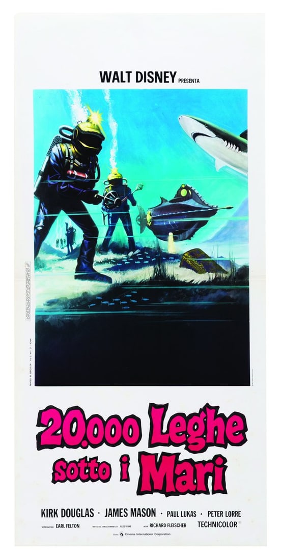 A "20,000 Leagues Under the Sea" Italian Locandina Re-Release Poster.: (Disney, 1970s) A locandina-sized poster for the 1970s Italian re-release of "20,000 Leagues Under the Sea." Measuring 13" x 27.5", the poster is in good condition with a factory fold across the cente