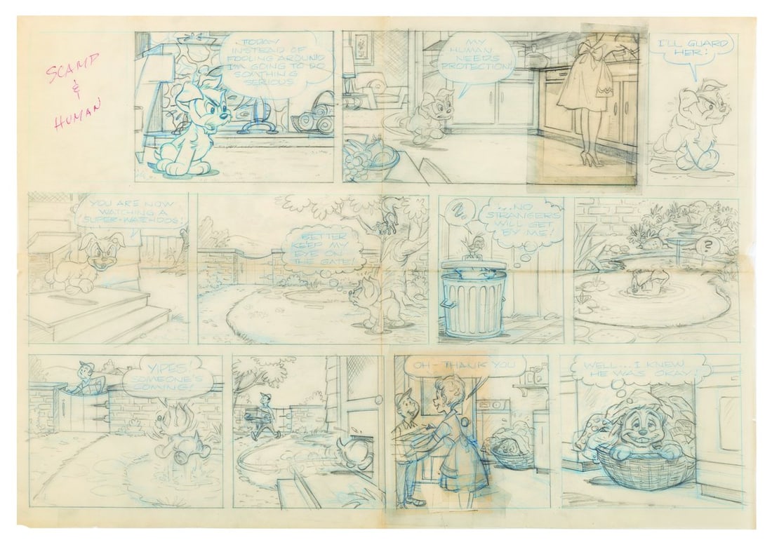 An Original "Walt Disney's Scamp" Sunday Comic Strip.: (Disney, 1956-88) The original drawing for a “Walt Disney’s Scamp” Sunday comic strip titled “Scamp & Human.” The comic is comprised of multiple pieces of paper clipped and arranged