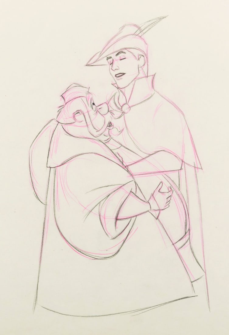 A “Sleeping Beauty?? Prince Phillip and King Hubert Production Drawing.: (Disney, 1959) A production drawing of Prince Phillip and King Hubert from “Sleeping Beauty,” by Disney Legend and one of Walt’s Nine Old Men, Milt Kahl. With a character size of 9” x