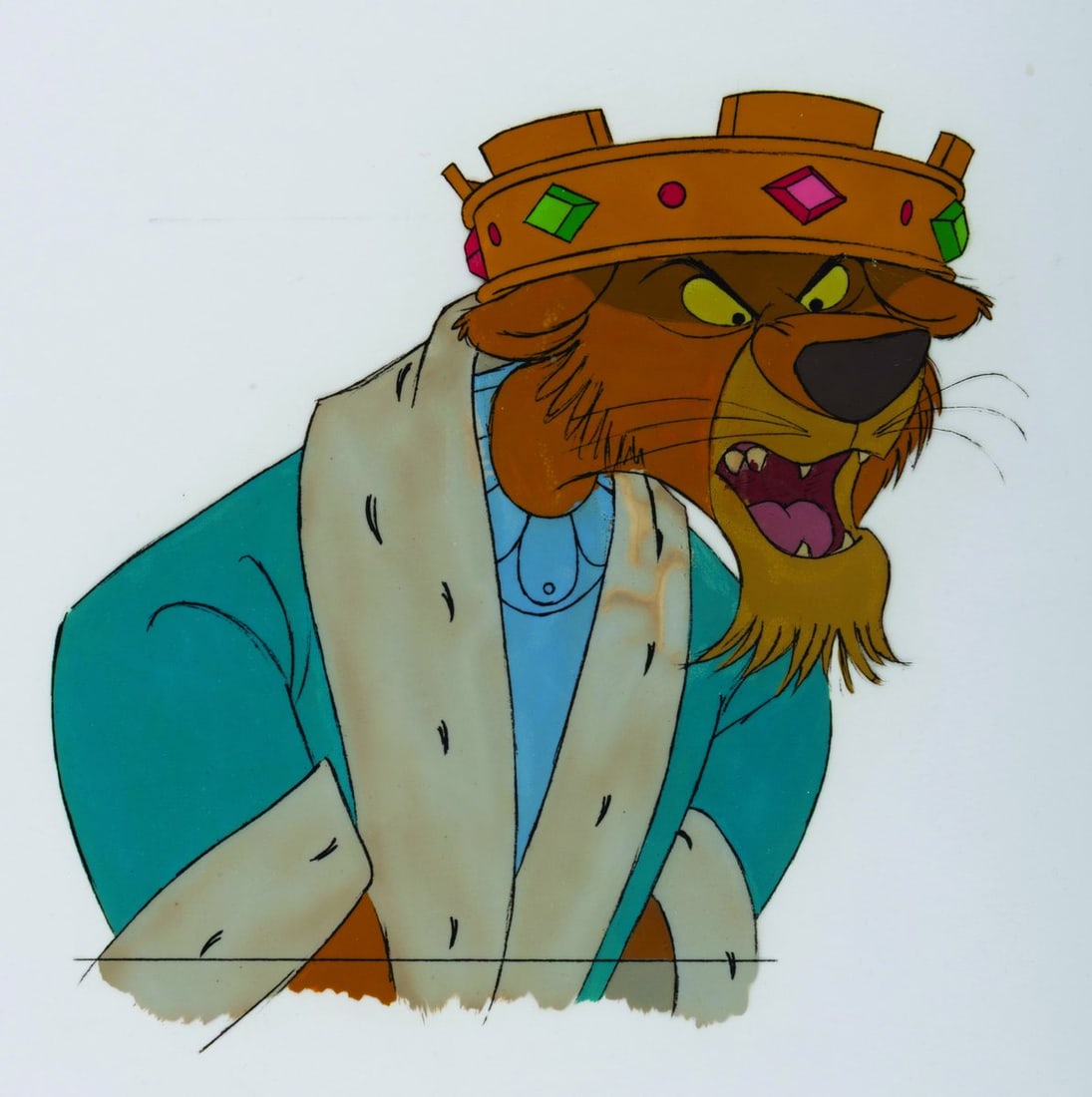 A "Robin Hood" Original Production Cel.: (Disney, 1973) An original production cel of Prince John from Disney’s animated adaptation of “Robin Hood.” With an image size of 7.25" x 7.5" on a 12.5" x 16" cel, the piece is in fair cond
