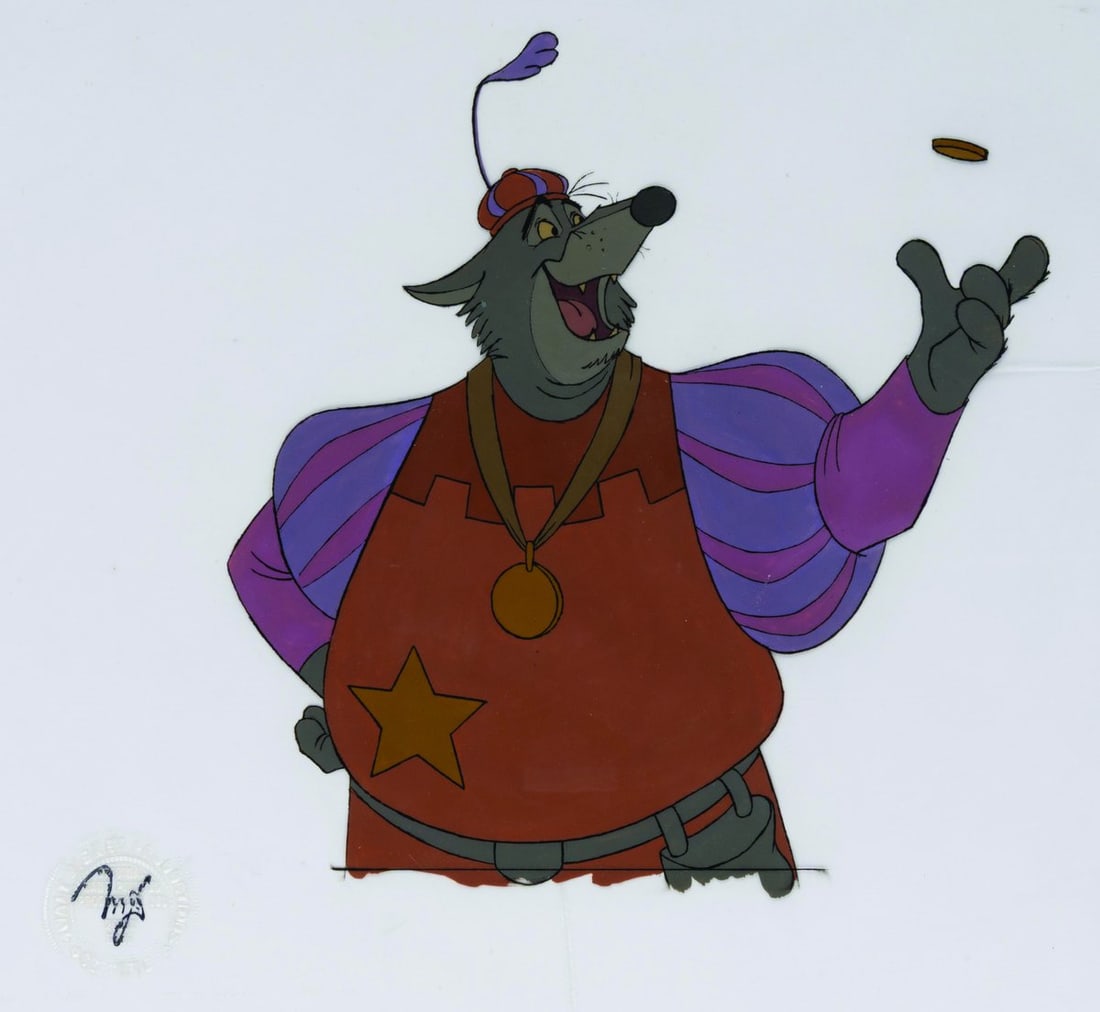 A "Robin Hood" Original Production Cel.: (Disney, 1973) An original production cel of the Sheriff of Nottingham from “Robin Hood.” With an image size of 8.5" x 8.75" on a 12.5" x 16" cel, the piece displays in good condition with pai