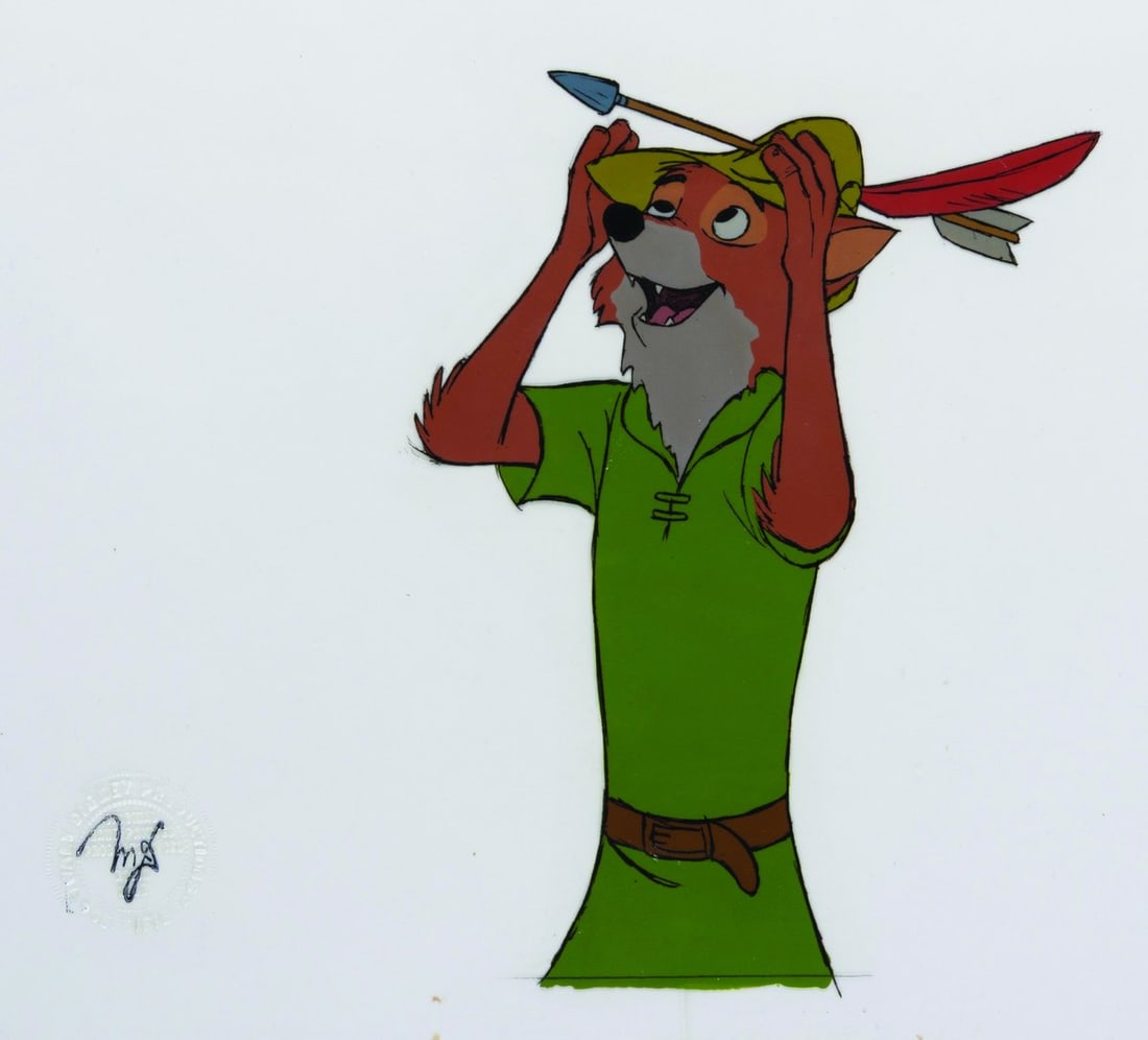 A "Robin Hood" Original Production Cel.: (Disney, 1973) An original production cel of Robin Hood, from Disney’s animated adaptation of the classic story. With an image size of 6.25" x 8.5" on a 12.5" x 16" cel, the piece displays in very g