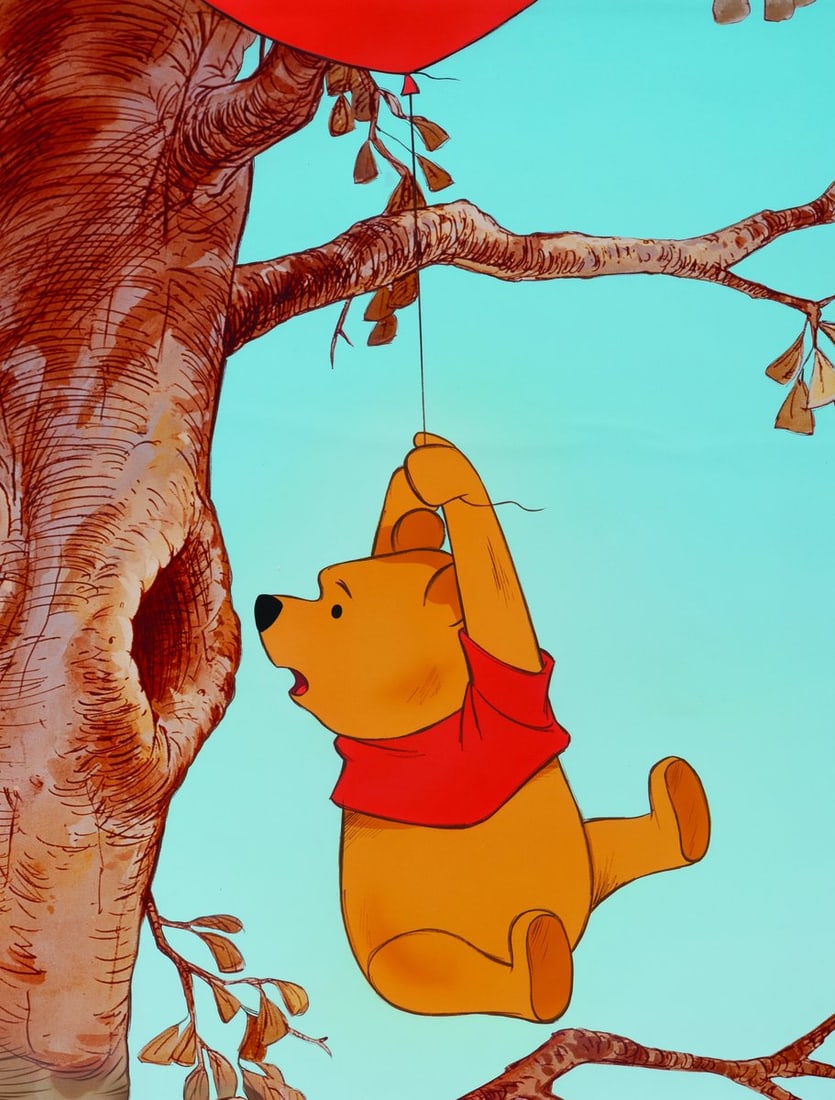A “The Many Adventures of Winnie the Pooh?? Original Painting.: (Disney, 1977) An original painting for "The Many Adventures of Winnie the Pooh" publicity campaign, from the collection of artist Bill Wallen. Pooh, the balloon, and the background are all original a