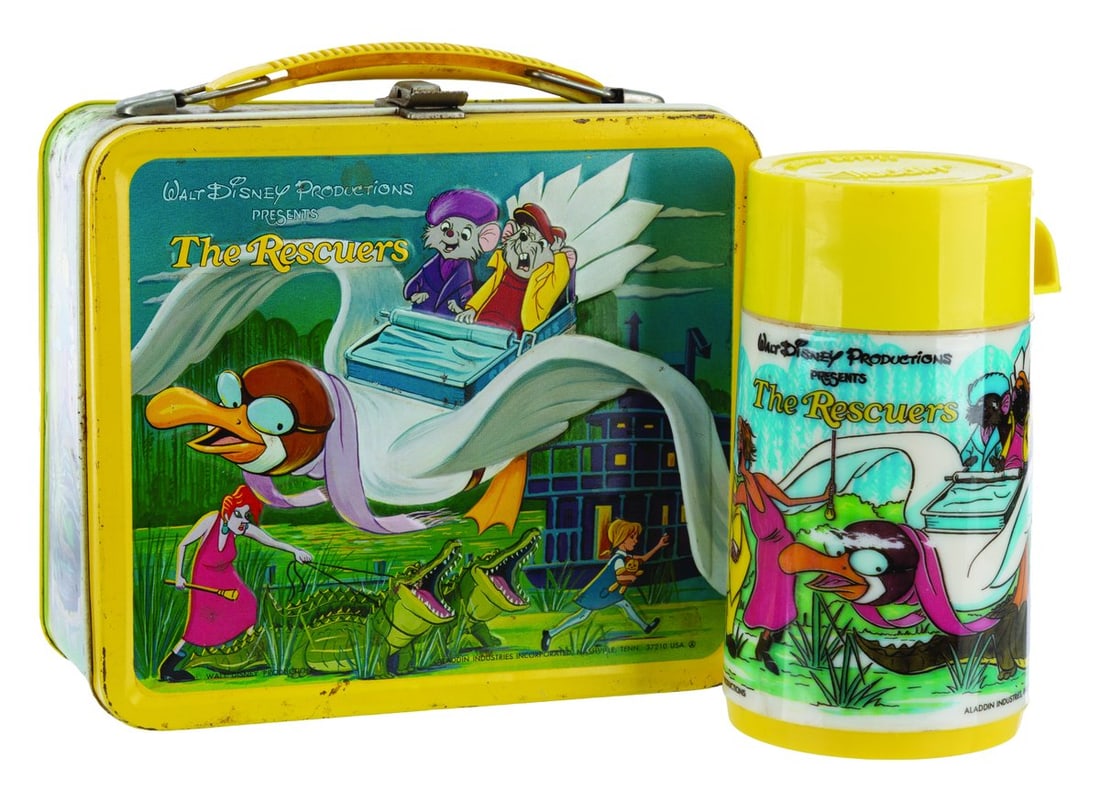 A “The Rescuers" Lunch Box and Thermos.: (Aladdin, 1997) A lunchbox and thermos set themed to the Disney animated feature "The Rescuers." The lunchbox measures 8.25" x 4" x 7.5" tall, and the thermos 6.5" tall and 3.25" in diameter, both in