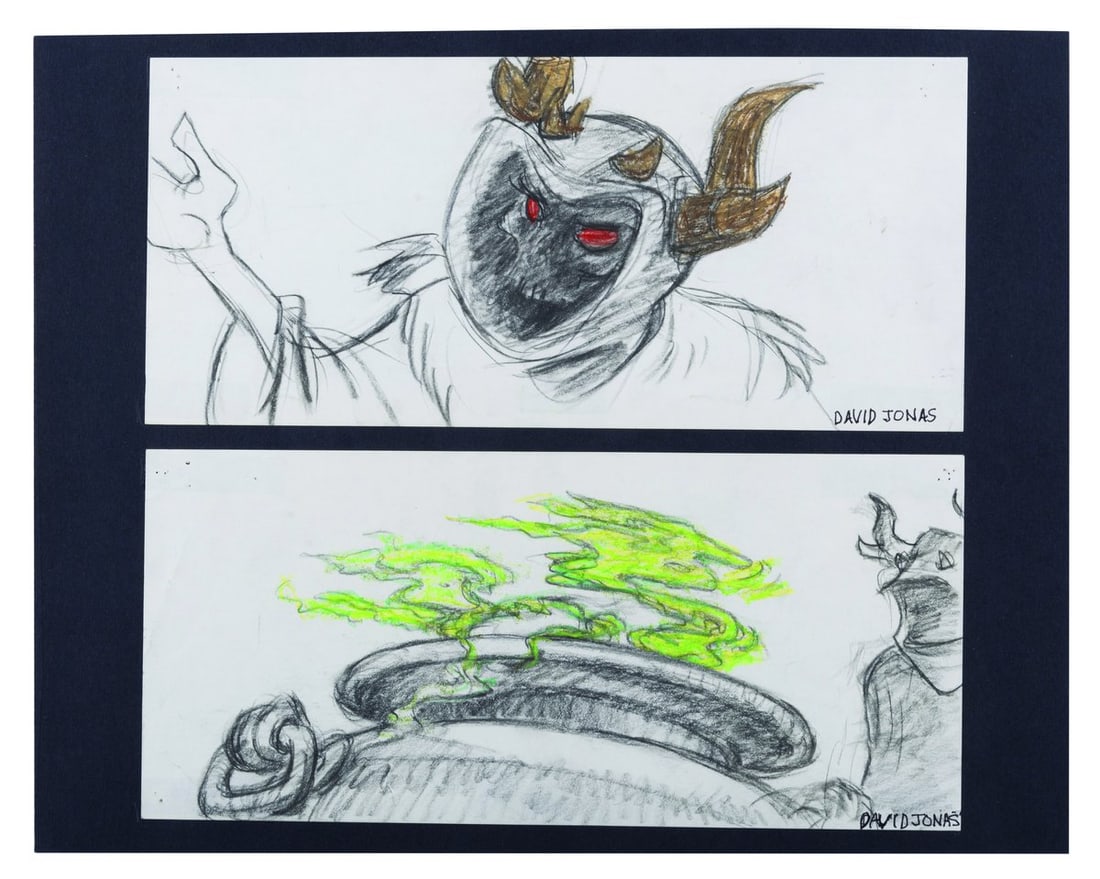 A Pair of "The Black Cauldron?? Storyboard Panels.: (Disney, 1985) A pair of storyboard panels by David Jonas of the Horned King and his cauldron from "The Black Cauldron." The panels are mounted on a piece of 11.25" x 14" black construction paper for