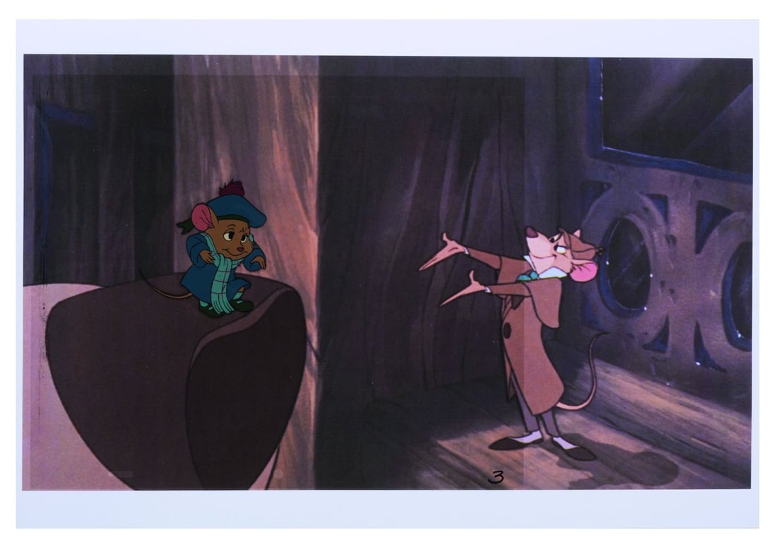 A "The Great Mouse Detective" Original Production Cel.: (Disney, 1986) An original production cel of Olivia from "The Great Mouse Detective," paired with a color copy background featuring Basil. Olivia measures 3.25” x 3.5” on a 10.5” x 1
