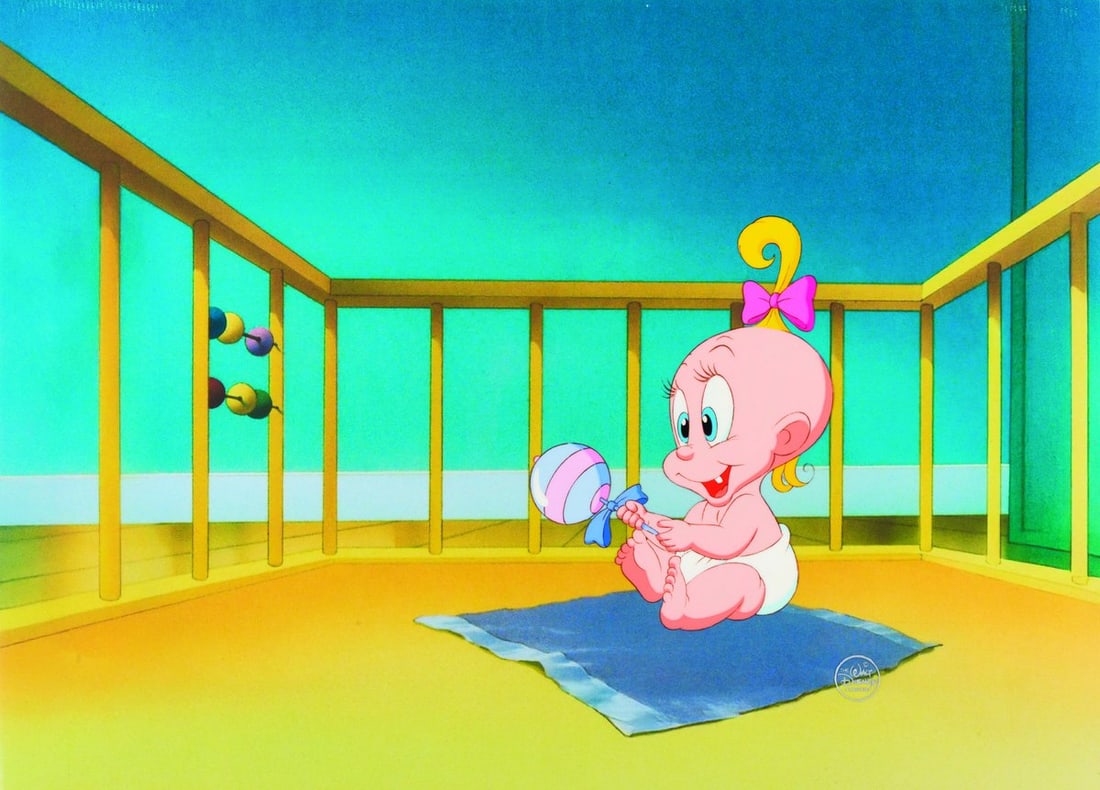 A "Tummy Trouble" Original Production Cel.: (Disney, 1989) An original production cel of Baby Herman from the animated short "Tummy Trouble," paired with a printed reproduction background. The first of three Roger Rabbit shorts, "Tummy Trouble"