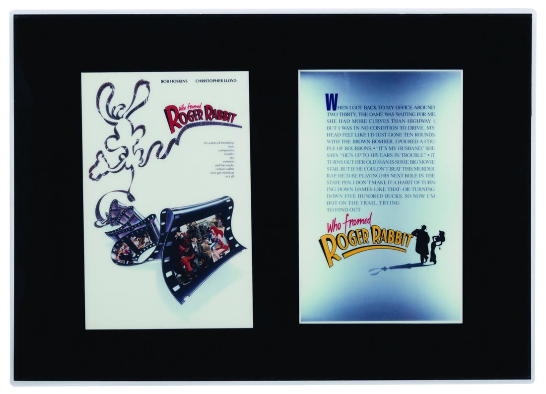 A Laminated Print of "Who Framed Roger Rabbit" Poster Concepts.: (Wallen/Green, 1988) A laminated print of two "Who Framed Roger Rabbit" poster concepts by Wallen/Green Design & Associates. The left is an early version of the final theatrical one-sheet, while the r