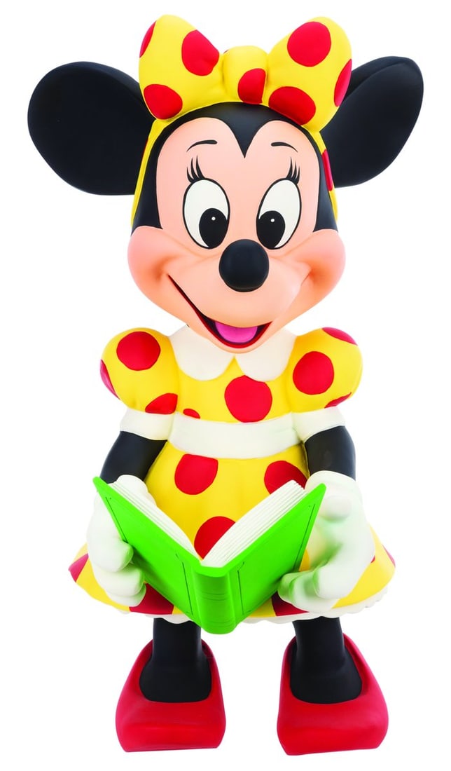 A Minnie Mouse Disney Store Display Figure.: (Disney, 1990s-2000s) A Disney Store display figure of Minnie Mouse reading a book. Measuring 15" x 18" x 27" tall, the fiberglass display is in very good condition with scratches, stray paint marks,