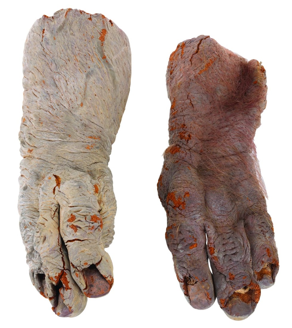 A Pair of "Ernest Scared Stupid" Troll Hands.: (Touchstone, 1991) A pair of troll costume hands made by creature effects experts, the Chiodo Brothers, for Jim Varney's Halloween comedy "Ernest Scared Stupid." Measuring 12.5" long, the hand-painted