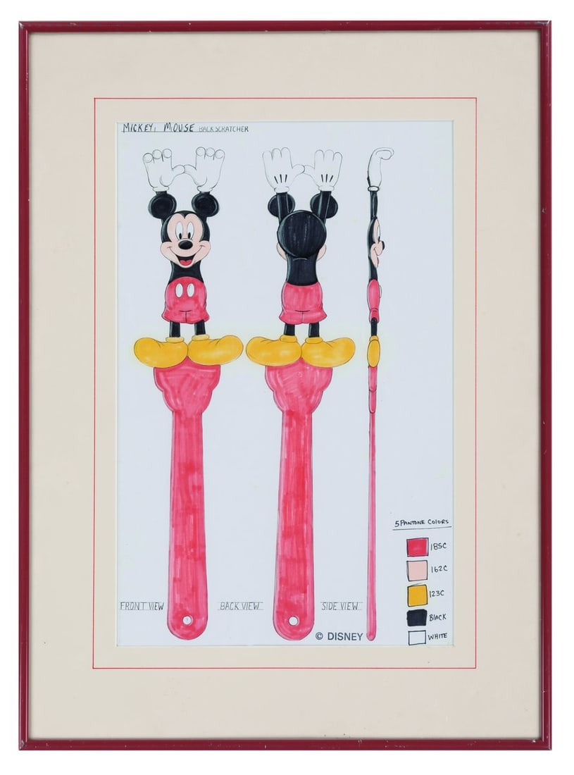 A Mickey Mouse Back Scratcher Design by Doug Strayer.: (Disney, 1990s-2000s) A Mickey Mouse back scratcher design by artist Doug Strayer featuring the scratchers front, back, and side views, as well as the five Pantone colors used. Measuring 10.75”