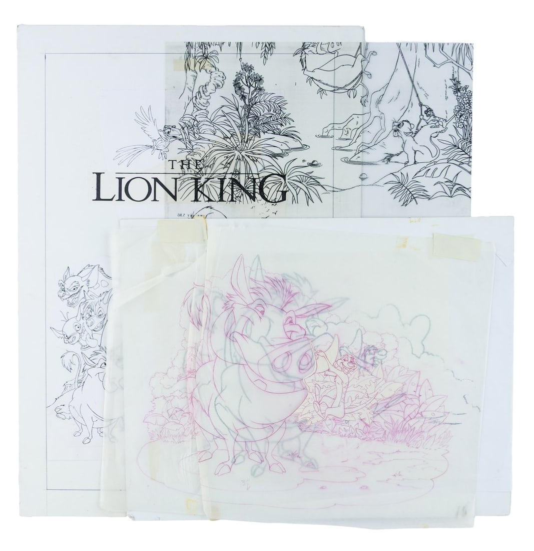 A Collection of "The Lion King" Product Art Concepts.: (Disney, 1994) A collection of three concept designs for "The Lion King" promotional products. Included are a drawing of Pumbaa and Timon on vellum adhered to a printed copy on artist board, a printed