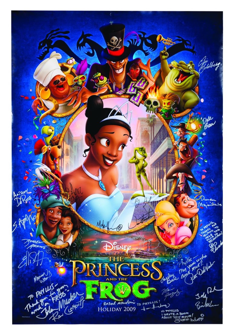 A Multi-Signed "The Princess and the Frog" One-Sheet.: (Disney, 2009) A rare "The Princess and the Frog" teaser one-sheet signed by many of the cast and crew. Signatures include directors John Musker and Ron Clements, Eric Goldberg, Dale Baer, Duncan Marj