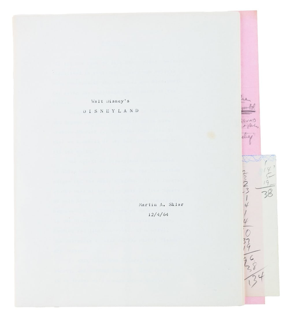 A Draft with Notes for Marty Sklar's Walt Disney's Disneyland Book.: (Disneyland, 1964) An early 17-page draft of Walt Disney's Disneyland book by Disney Legend Marty Sklar. Marty joined Disneyland a month before the Park opened, working for publicity and marketing, ev