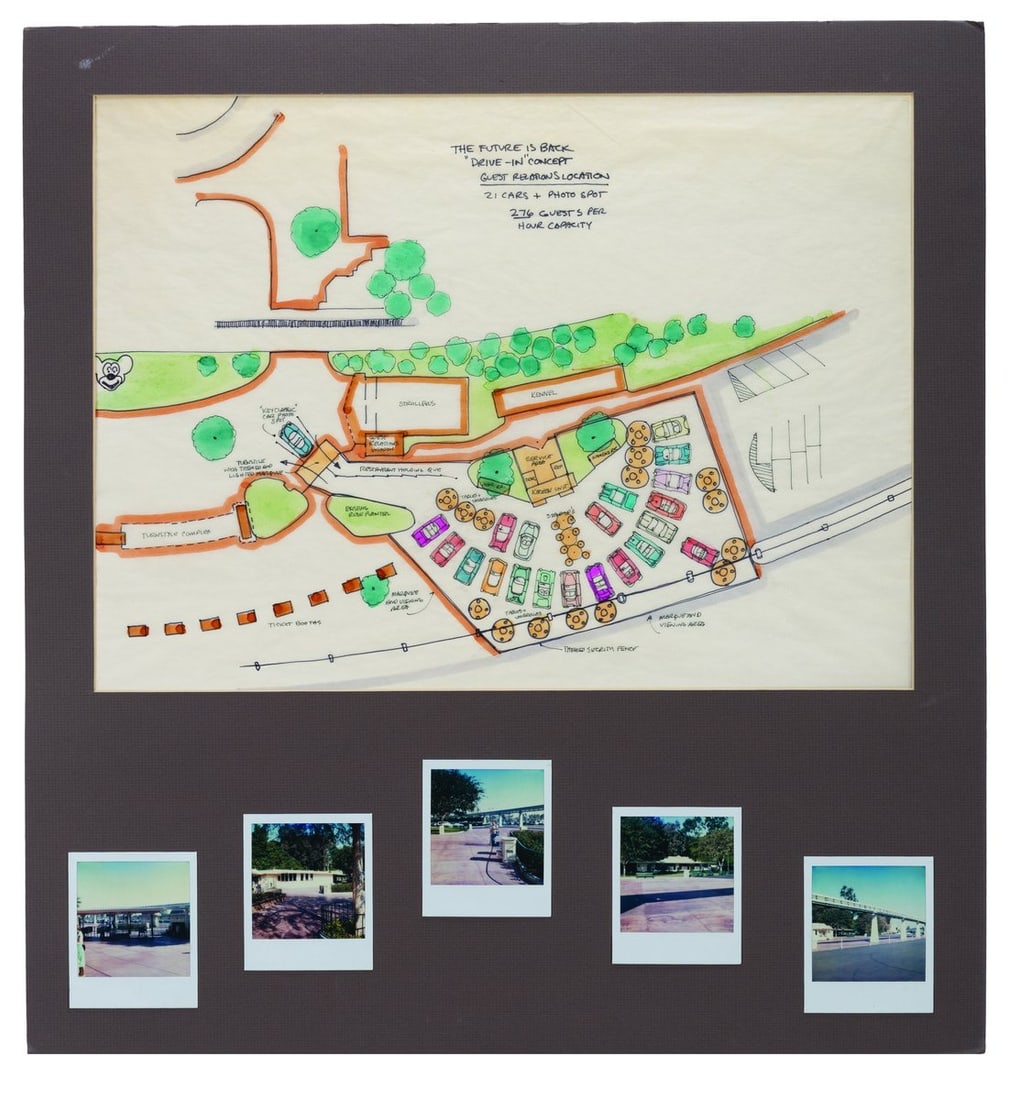 A Disneyland Drive-In Restaurant Pitch Board.: (Disneyland, 1990s) A Walt Disney Imagineering pitch board for an unrealized 1950s-style drive-in restaurant that would have been situated just east of the Disneyland Main Gate. The board features an